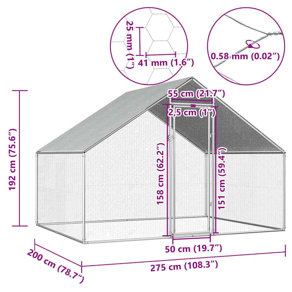 Gabbia per Polli da Esterno 2,75x2x1,92m in Acciaio Zincato