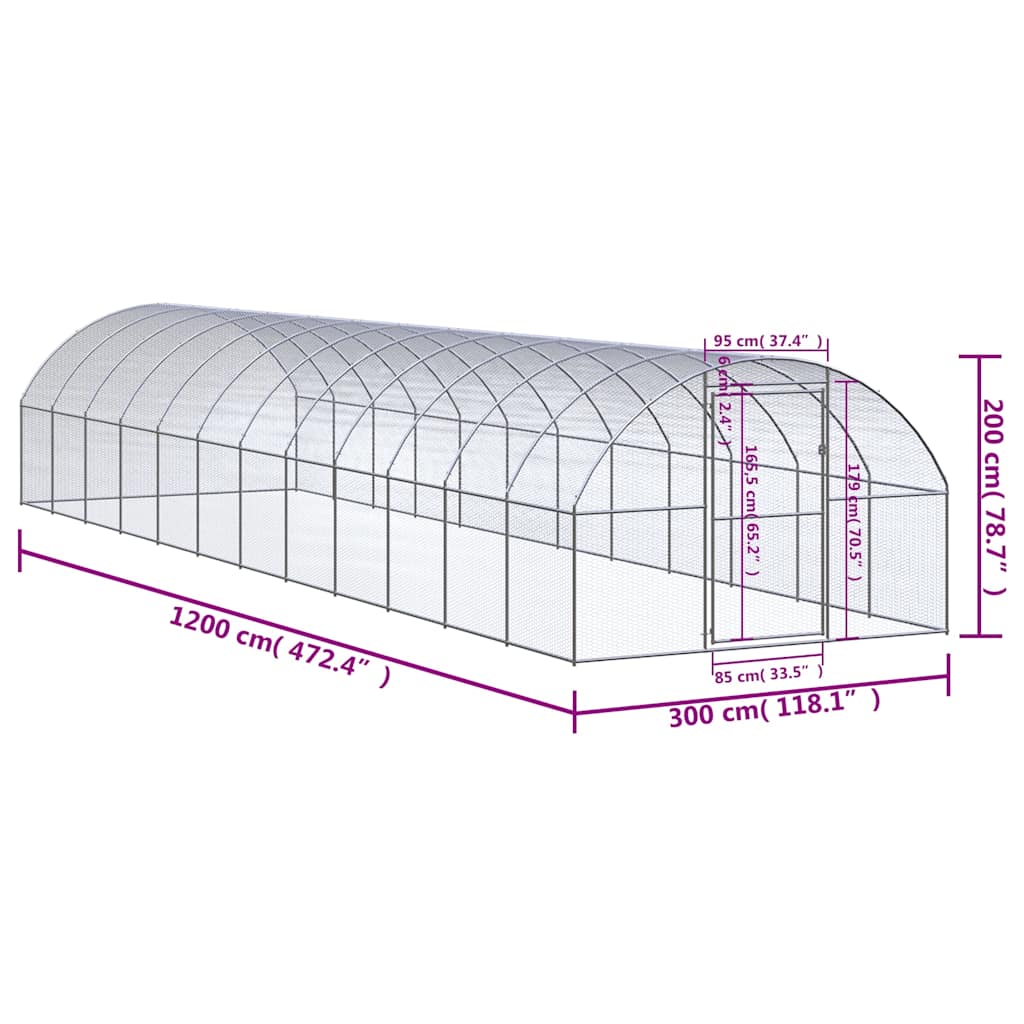 Gabbia per Polli da Esterno 3x12x2 m in Acciaio Zincato