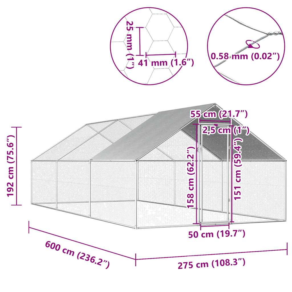 Gabbia per Polli da Esterno 2,75x6x1,92m in Acciaio Zincato