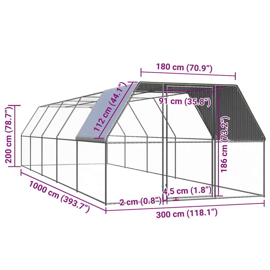 Pollaio per Esterni 3x10x2 m in Acciaio Zincato