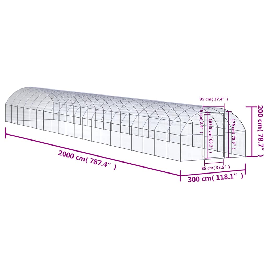 Gabbia per Polli da Esterno 3x20x2 m in Acciaio Zincato