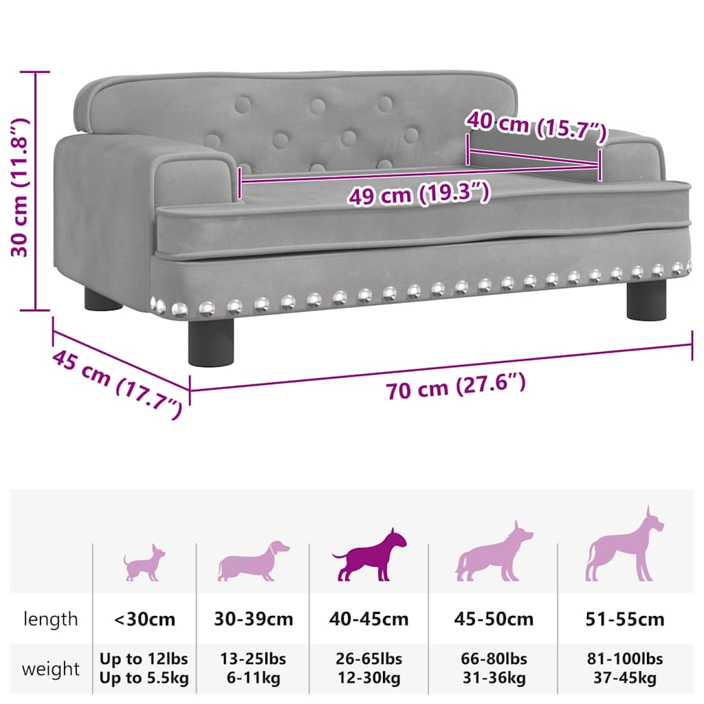 Lettino per Cani Grigio Chiaro 70x45x30 cm in Velluto