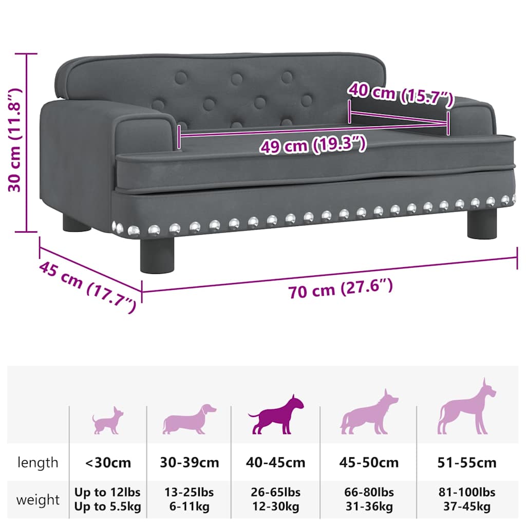 Lettino per Cani Grigio Scuro 70x45x30 cm in Velluto