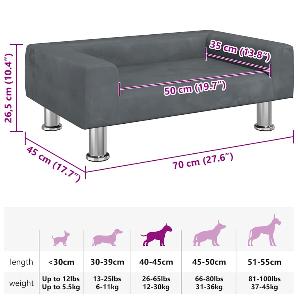 Lettino per Cani Grigio Scuro 70x45x26,5 cm in Velluto