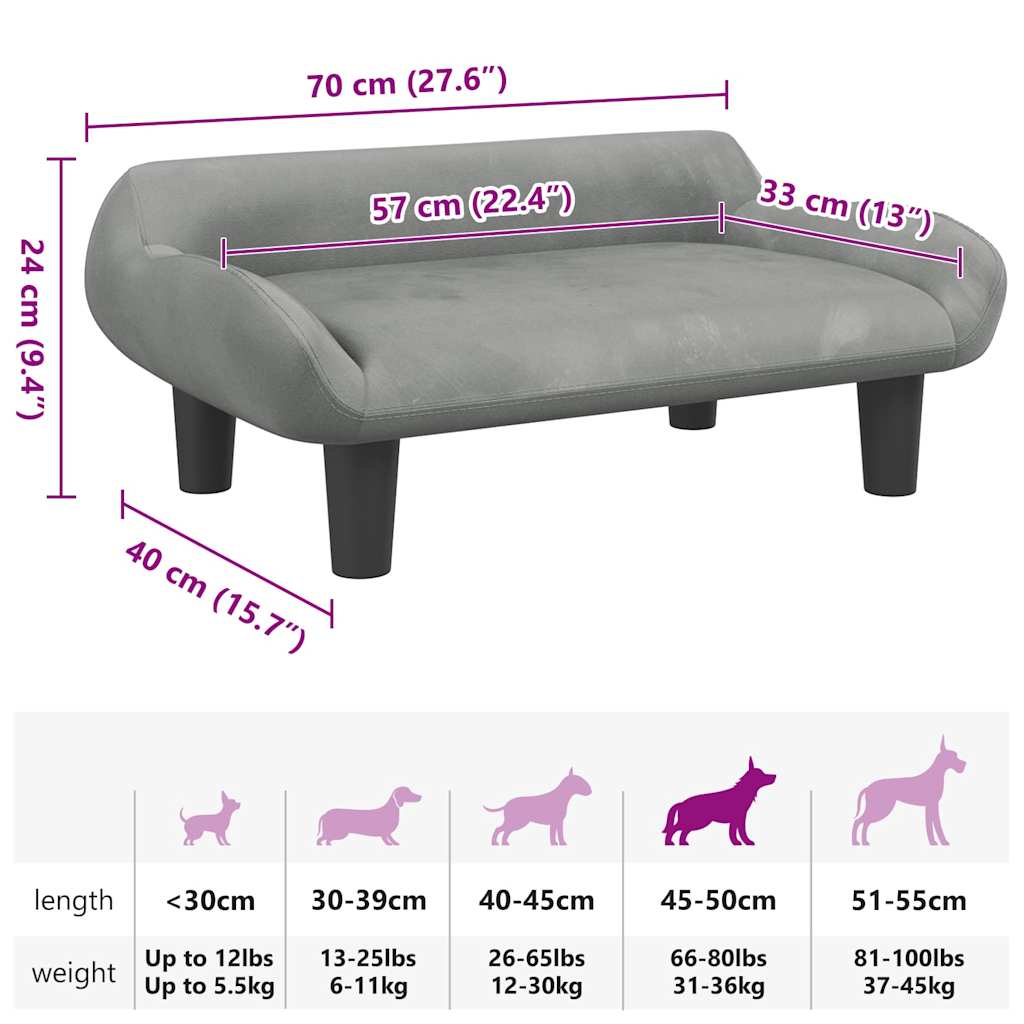 Lettino per Cani Grigio Chiaro 70x40x24 cm in Velluto