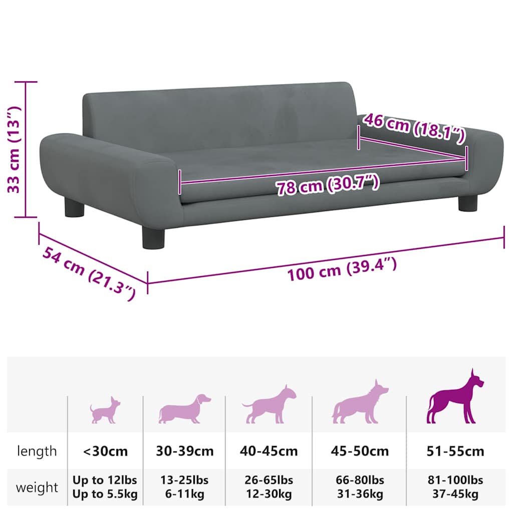 Lettino per Cani Grigio Scuro 100x54x33 cm in Velluto
