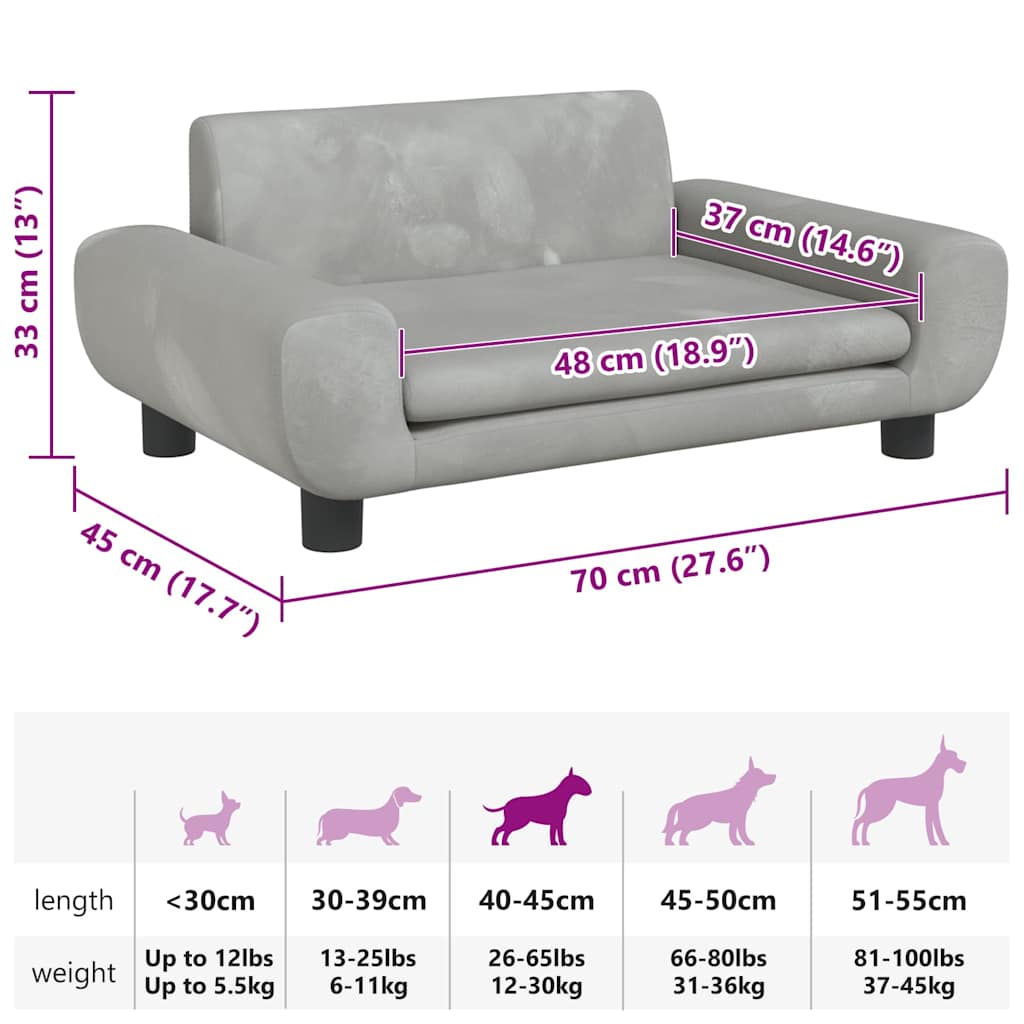 Lettino per Cani Grigio Chiaro 70x45x33 cm in Velluto