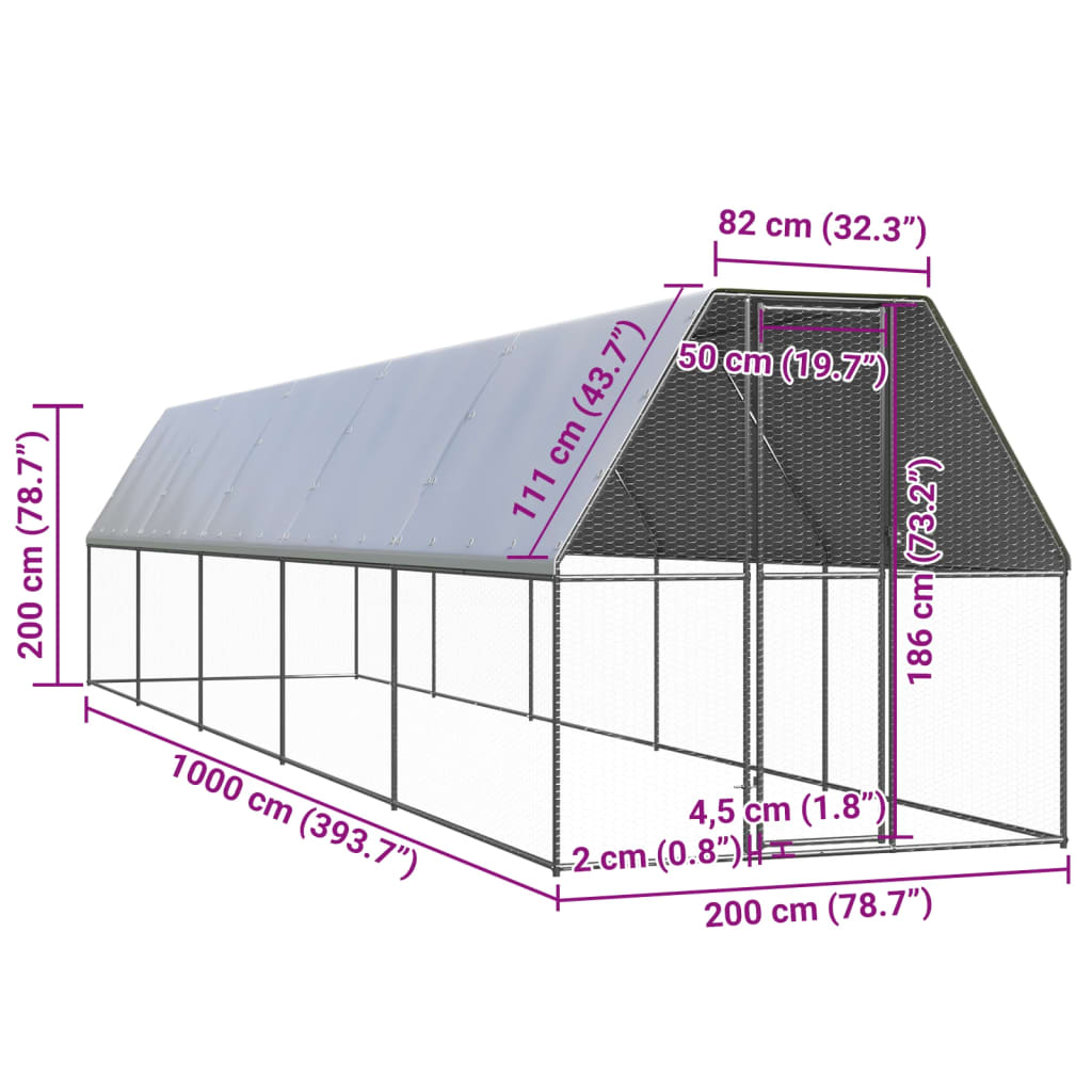 Gabbia per Polli da Esterno 2x10x2 m in Acciaio Zincato