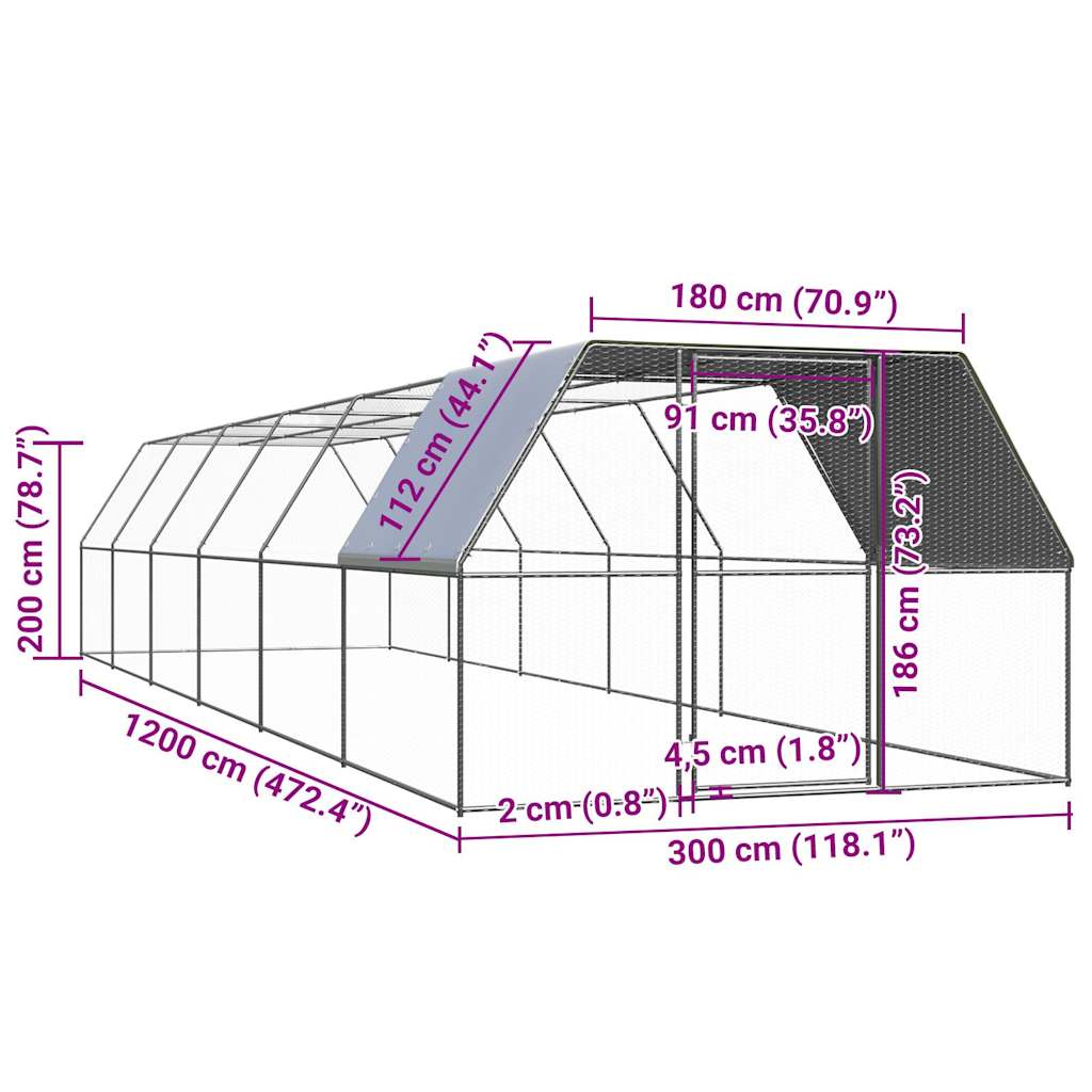 Gabbia per Polli 3x12x2 m in Acciaio Zincato