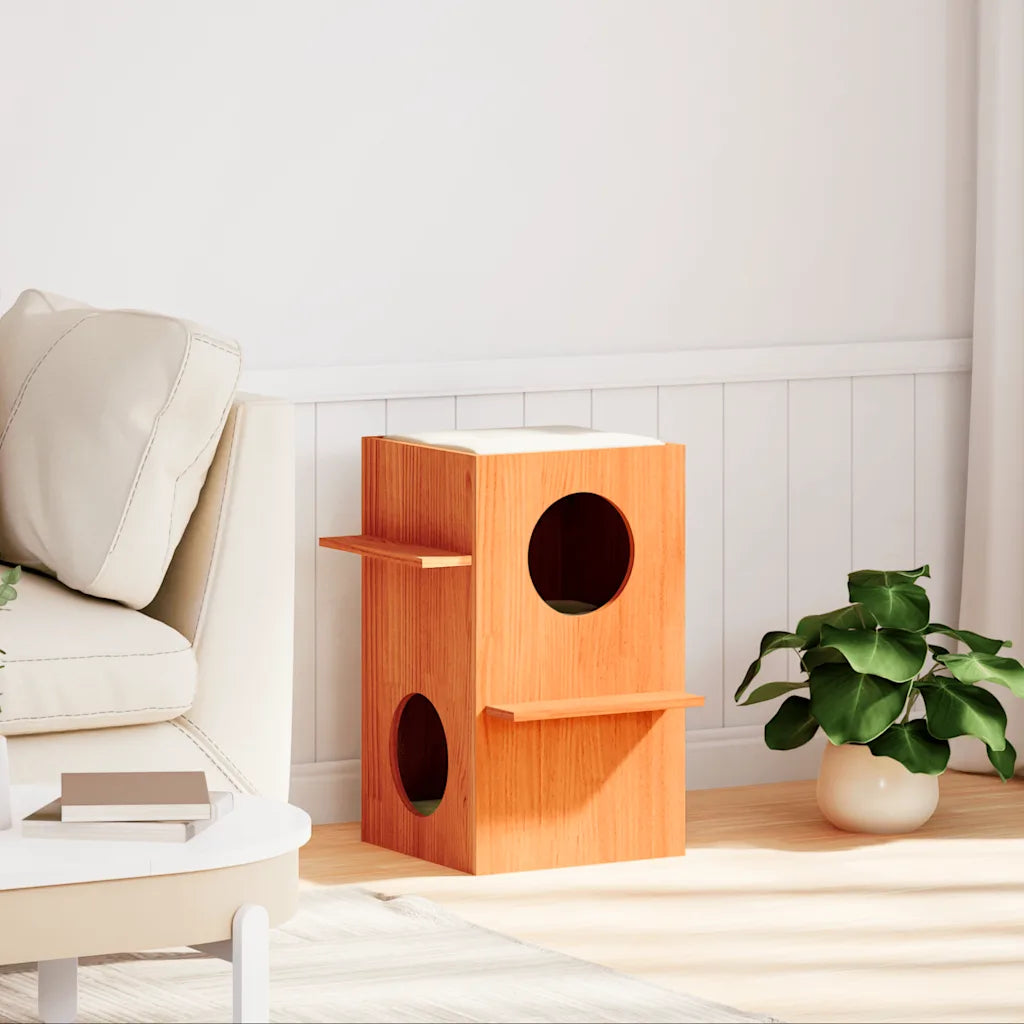 Cuccia per gatti in legno di pino massello 43x43x60 cm bianca