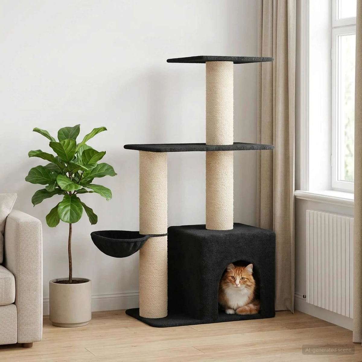 Albero per gatti 133 cm con pali in sisal e condominio