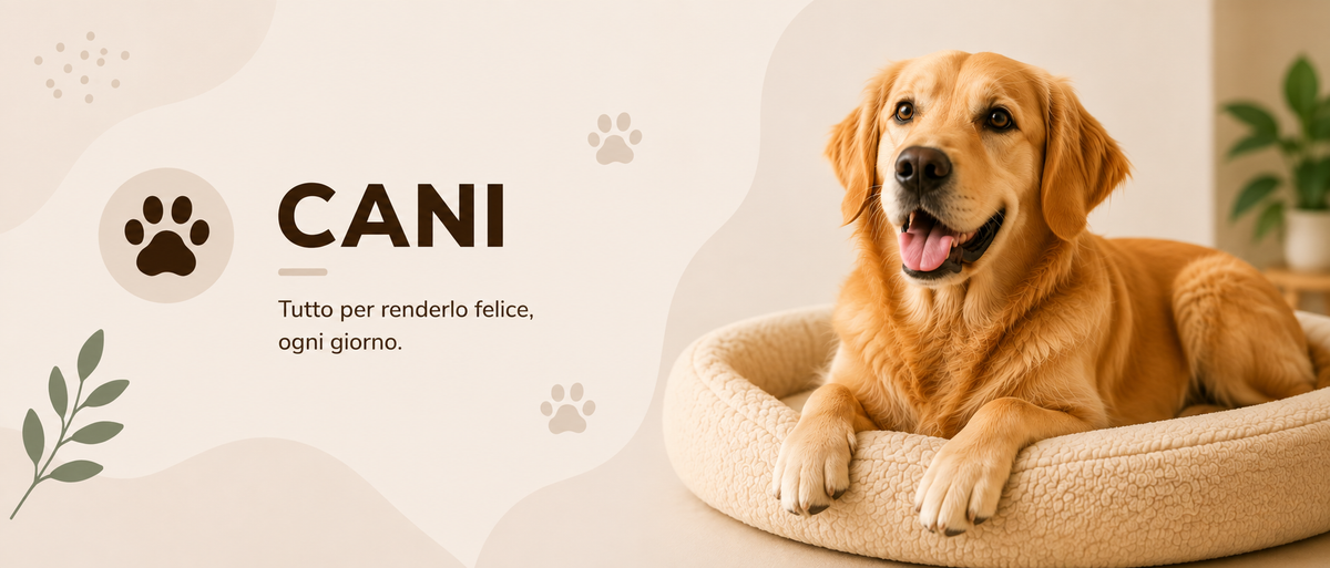 Cane sdraiato su un lettino morbido accanto ai suoi accessori